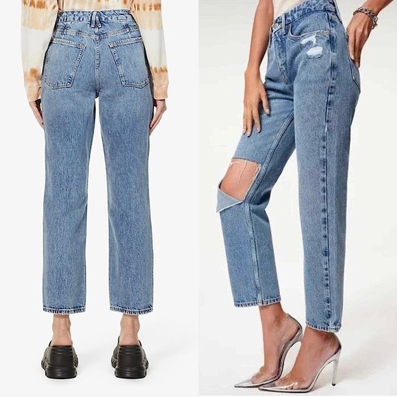 NWT GOOD AMERICAN 90s High Waist Distressed Denim Ripped Knee Ankle Crop Jean 28 - Picture 2 of 9